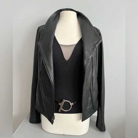 Vince Scuba Leather & Stretch Wool Panel Black Motto Jacket Womens L 8 - Picture 5 of 17